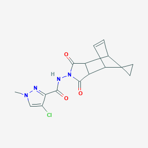 molecular formula C16H15ClN4O3 B259426 4-{[(4-chloro-1-methyl-1H-pyrazol-3-yl)carbonyl]amino}-3,5-dioxo-4-azatricyclo[5.2.1.0~2,6~]dec-8-ene-10-spiro-1'-cyclopropane 