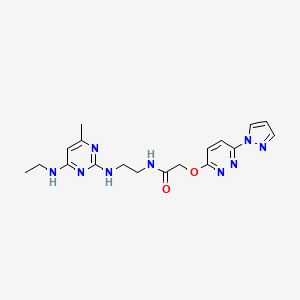 molecular formula C18H23N9O2 B2594262 2-((6-(1H-pyrazol-1-yl)pyridazin-3-yl)oxy)-N-(2-((4-(ethylamino)-6-methylpyrimidin-2-yl)amino)ethyl)acetamide CAS No. 1428356-92-6