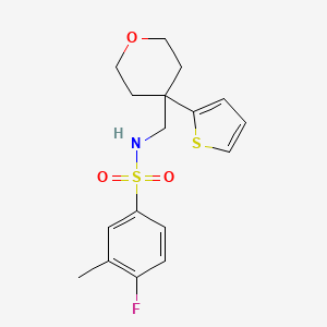 molecular formula C17H20FNO3S2 B2594289 4-fluoro-3-methyl-N-((4-(thiophen-2-yl)tetrahydro-2H-pyran-4-yl)methyl)benzenesulfonamide CAS No. 1203000-09-2