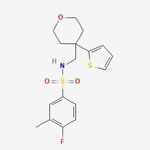 molecular formula C17H20FNO3S2 B2594289 4-氟-3-甲基-N-((4-(噻吩-2-基)四氢-2H-吡喃-4-基)甲基)苯磺酰胺 CAS No. 1203000-09-2