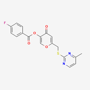 molecular formula C18H13FN2O4S B2594298 [6-[(4-甲基嘧啶-2-基)硫代甲基]-4-氧代吡喃-3-基] 4-氟苯甲酸酯 CAS No. 877636-26-5