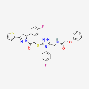 molecular formula C32H26F2N6O3S2 B2594413 N-[[4-(4-fluorophenyl)-5-[2-[3-(4-fluorophenyl)-5-thiophen-2-yl-3,4-dihydropyrazol-2-yl]-2-oxoethyl]sulfanyl-1,2,4-triazol-3-yl]methyl]-2-phenoxyacetamide CAS No. 393585-10-9