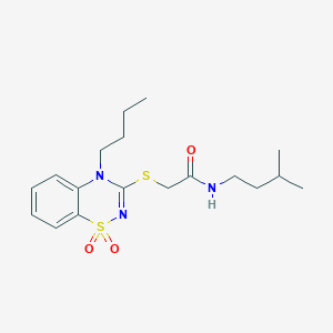 molecular formula C18H27N3O3S2 B2594415 2-((4-butyl-1,1-dioxido-4H-benzo[e][1,2,4]thiadiazin-3-yl)thio)-N-isopentylacetamide CAS No. 932967-90-3