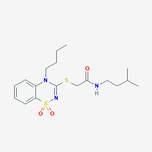 molecular formula C18H27N3O3S2 B2594415 2-((4-butil-1,1-dióxido-4H-benzo[e][1,2,4]tiadiazin-3-il)tio)-N-isopentilacetamida CAS No. 932967-90-3