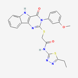 molecular formula C23H20N6O3S2 B2594418 N-(5-ethyl-1,3,4-thiadiazol-2-yl)-2-((3-(3-methoxyphenyl)-4-oxo-4,5-dihydro-3H-pyrimido[5,4-b]indol-2-yl)thio)acetamide CAS No. 536706-36-2