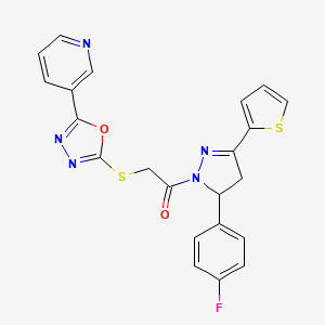 molecular formula C22H16FN5O2S2 B2594445 1-(5-(4-fluorophenyl)-3-(thiophen-2-yl)-4,5-dihydro-1H-pyrazol-1-yl)-2-((5-(pyridin-3-yl)-1,3,4-oxadiazol-2-yl)thio)ethanone CAS No. 900009-37-2