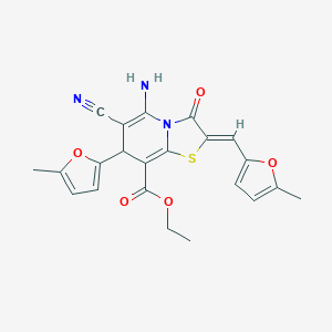 ethyl (2Z)-5-amino-6-cyano-7-(5-methylfuran-2-yl)-2-[(5-methylfuran-2-yl)methylidene]-3-oxo-2,3-dihydro-7H-[1,3]thiazolo[3,2-a]pyridine-8-carboxylate