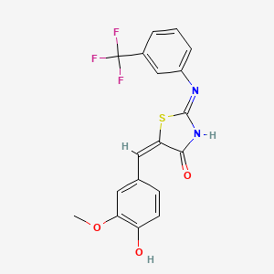 molecular formula C18H13F3N2O3S B2594527 (E)-5-(4-hydroxy-3-methoxybenzylidene)-2-((3-(trifluoromethyl)phenyl)amino)thiazol-4(5H)-one CAS No. 638138-17-7