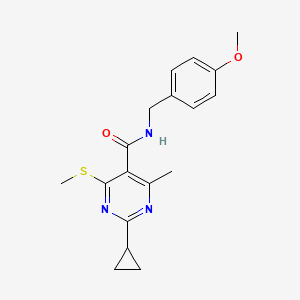 molecular formula C18H21N3O2S B2594541 2-cyclopropyl-N-[(4-methoxyphenyl)methyl]-4-methyl-6-(methylsulfanyl)pyrimidine-5-carboxamide CAS No. 2094576-86-8