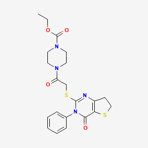 molecular formula C21H24N4O4S2 B2594549 Ethyl 4-(2-((4-oxo-3-phenyl-3,4,6,7-tetrahydrothieno[3,2-d]pyrimidin-2-yl)thio)acetyl)piperazine-1-carboxylate CAS No. 686770-12-7