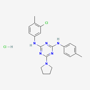 molecular formula C21H24Cl2N6 B2594566 盐酸 N2-(3-氯-4-甲基苯基)-6-(吡咯烷-1-基)-N4-(对甲基苯基)-1,3,5-三嗪-2,4-二胺 CAS No. 1179497-65-4
