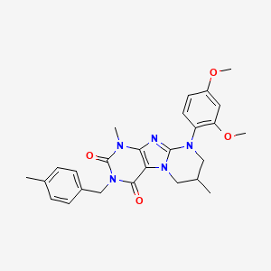 molecular formula C26H29N5O4 B2594572 9-(2,4-二甲氧基苯基)-1,7-二甲基-3-(4-甲基苄基)-6,7,8,9-四氢嘧啶并[2,1-f]嘌呤-2,4(1H,3H)-二酮 CAS No. 877617-89-5