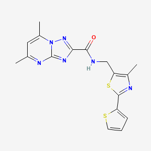 molecular formula C17H16N6OS2 B2594599 5,7-dimethyl-N-((4-methyl-2-(thiophen-2-yl)thiazol-5-yl)methyl)-[1,2,4]triazolo[1,5-a]pyrimidine-2-carboxamide CAS No. 1421509-09-2