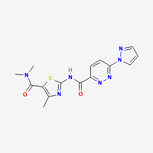 molecular formula C15H15N7O2S B2594628 2-(6-(1H-pyrazol-1-yl)pyridazine-3-carboxamido)-N,N,4-trimethylthiazole-5-carboxamide CAS No. 1351647-01-2
