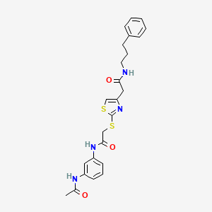 molecular formula C24H26N4O3S2 B2594640 N-(3-acetamidophenyl)-2-((4-(2-oxo-2-((3-phenylpropyl)amino)ethyl)thiazol-2-yl)thio)acetamide CAS No. 953983-74-9