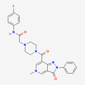 molecular formula C26H25FN6O3 B2594851 N-(4-fluorophenyl)-2-(4-(5-methyl-3-oxo-2-phenyl-3,5-dihydro-2H-pyrazolo[4,3-c]pyridine-7-carbonyl)piperazin-1-yl)acetamide CAS No. 1021207-48-6