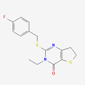 molecular formula C15H15FN2OS2 B2594916 3-Ethyl-2-[(4-fluorophenyl)methylsulfanyl]-6,7-dihydrothieno[3,2-d]pyrimidin-4-one CAS No. 887225-38-9