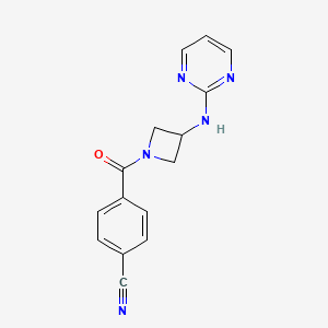 molecular formula C15H13N5O B2594929 4-(3-(Pyrimidin-2-ylamino)azetidine-1-carbonyl)benzonitrile CAS No. 2189498-67-5