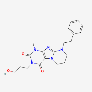 molecular formula C20H25N5O3 B2595002 3-(3-hydroxypropyl)-1-methyl-9-(2-phenylethyl)-6,7,8,9-tetrahydropyrimido[2,1-f]purine-2,4(1H,3H)-dione CAS No. 923399-93-3