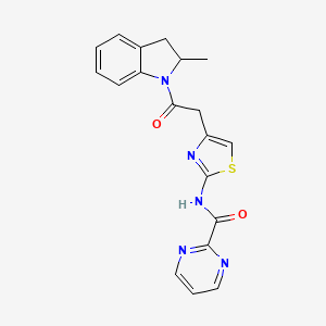 molecular formula C19H17N5O2S B2595045 N-(4-(2-(2-methylindolin-1-yl)-2-oxoethyl)thiazol-2-yl)pyrimidine-2-carboxamide CAS No. 1286716-88-8