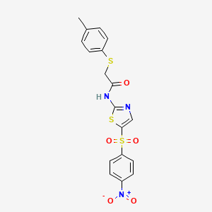 molecular formula C18H15N3O5S3 B2595049 N-(5-((4-硝基苯基)磺酰基)噻唑-2-基)-2-(对甲苯硫基)乙酰胺 CAS No. 885911-05-7