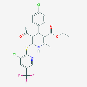 molecular formula C22H17Cl2F3N2O3S B2595098 Ethyl 4-(4-chlorophenyl)-6-{[3-chloro-5-(trifluoromethyl)-2-pyridinyl]sulfanyl}-5-formyl-2-methyl-1,4-dihydro-3-pyridinecarboxylate CAS No. 478261-86-8