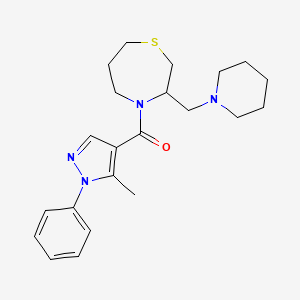 molecular formula C22H30N4OS B2595099 (5-methyl-1-phenyl-1H-pyrazol-4-yl)(3-(piperidin-1-ylmethyl)-1,4-thiazepan-4-yl)methanone CAS No. 1421494-79-2