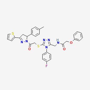 molecular formula C33H29FN6O3S2 B2595151 N-[[4-(4-fluorophenyl)-5-[2-[3-(4-methylphenyl)-5-thiophen-2-yl-3,4-dihydropyrazol-2-yl]-2-oxoethyl]sulfanyl-1,2,4-triazol-3-yl]methyl]-2-phenoxyacetamide CAS No. 393585-08-5