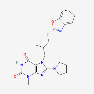 molecular formula C21H24N6O3S B2595175 7-[3-(1,3-Benzoxazol-2-ylsulfanyl)-2-methylpropyl]-3-methyl-8-pyrrolidin-1-ylpurine-2,6-dione CAS No. 872627-87-7