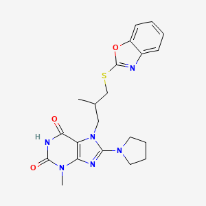 molecular formula C21H24N6O3S B2595175 7-(3-(benzo[d]oxazol-2-ylthio)-2-methylpropyl)-3-methyl-8-(pyrrolidin-1-yl)-1H-purine-2,6(3H,7H)-dione CAS No. 872627-87-7