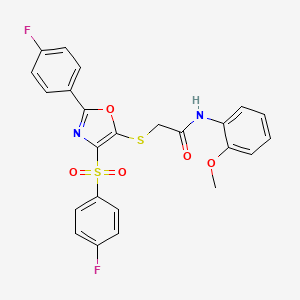 molecular formula C24H18F2N2O5S2 B2595181 2-((2-(4-氟苯基)-4-((4-氟苯基)磺酰基)恶唑-5-基)硫代)-N-(2-甲氧基苯基)乙酰胺 CAS No. 850927-26-3