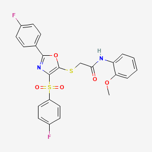 molecular formula C24H18F2N2O5S2 B2595181 2-((2-(4-フルオロフェニル)-4-((4-フルオロフェニル)スルホニル)オキサゾール-5-イル)チオ)-N-(2-メトキシフェニル)アセトアミド CAS No. 850927-26-3