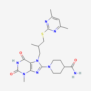 molecular formula C22H30N8O3S B2595200 1-(7-(3-((4,6-dimethylpyrimidin-2-yl)thio)-2-methylpropyl)-3-methyl-2,6-dioxo-2,3,6,7-tetrahydro-1H-purin-8-yl)piperidine-4-carboxamide CAS No. 887225-32-3