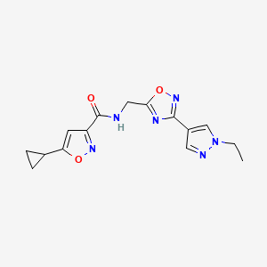 molecular formula C15H16N6O3 B2595219 5-シクロプロピル-N-((3-(1-エチル-1H-ピラゾール-4-イル)-1,2,4-オキサジアゾール-5-イル)メチル)イソキサゾール-3-カルボキサミド CAS No. 2034332-59-5