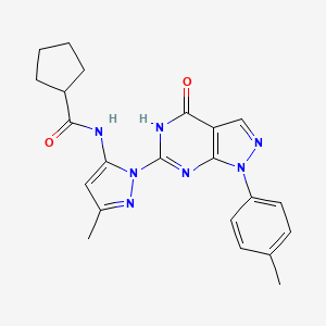 molecular formula C22H23N7O2 B2595718 N-(3-methyl-1-(4-oxo-1-(p-tolyl)-4,5-dihydro-1H-pyrazolo[3,4-d]pyrimidin-6-yl)-1H-pyrazol-5-yl)cyclopentanecarboxamide CAS No. 1172873-64-1