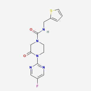 molecular formula C14H14FN5O2S B2595722 4-(5-Fluoropyrimidin-2-yl)-3-oxo-N-(thiophen-2-ylmethyl)piperazine-1-carboxamide CAS No. 2310124-53-7