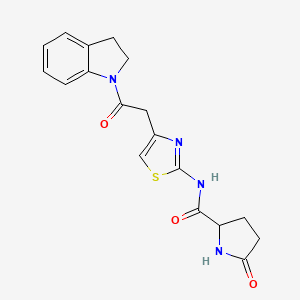 molecular formula C18H18N4O3S B2595792 N-(4-(2-(indolin-1-yl)-2-oxoethyl)thiazol-2-yl)-5-oxopyrrolidine-2-carboxamide CAS No. 1048677-56-0