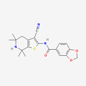 molecular formula C20H21N3O3S B2595888 N-(3-cyano-5,5,7,7-tetramethyl-4,5,6,7-tetrahydrothieno[2,3-c]pyridin-2-yl)benzo[d][1,3]dioxole-5-carboxamide CAS No. 922085-57-2