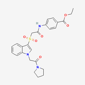 molecular formula C25H27N3O6S B2595898 ethyl 4-(2-((1-(2-oxo-2-(pyrrolidin-1-yl)ethyl)-1H-indol-3-yl)sulfonyl)acetamido)benzoate CAS No. 878056-90-7