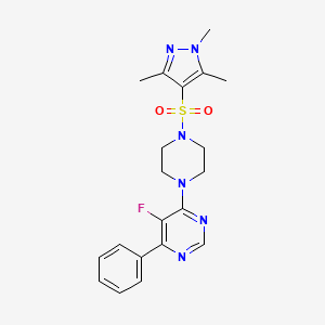 molecular formula C20H23FN6O2S B2595907 5-Fluoro-4-phenyl-6-[4-(1,3,5-trimethylpyrazol-4-yl)sulfonylpiperazin-1-yl]pyrimidine CAS No. 2380042-54-4