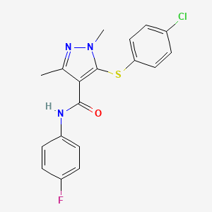 molecular formula C18H15ClFN3OS B2596007 5-[(4-chlorophenyl)sulfanyl]-N-(4-fluorophenyl)-1,3-dimethyl-1H-pyrazole-4-carboxamide CAS No. 158712-49-3