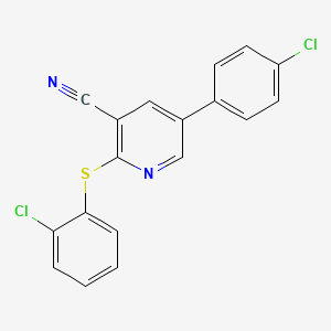 molecular formula C18H10Cl2N2S B2596049 5-(4-Chlorophenyl)-2-[(2-chlorophenyl)sulfanyl]nicotinonitrile CAS No. 338955-04-7