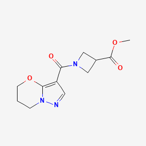 molecular formula C12H15N3O4 B2596056 methyl 1-(6,7-dihydro-5H-pyrazolo[5,1-b][1,3]oxazine-3-carbonyl)azetidine-3-carboxylate CAS No. 1421443-44-8
