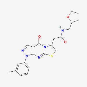 molecular formula C21H23N5O3S B2596190 2-(4-oxo-1-(m-tolyl)-1,4,6,7-tetrahydropyrazolo[3,4-d]thiazolo[3,2-a]pyrimidin-6-yl)-N-((tetrahydrofuran-2-yl)methyl)acetamide CAS No. 952851-81-9