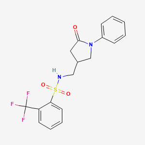 molecular formula C18H17F3N2O3S B2596251 N-((5-oxo-1-phenylpyrrolidin-3-yl)methyl)-2-(trifluoromethyl)benzenesulfonamide CAS No. 955254-09-8