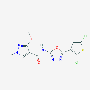 molecular formula C12H9Cl2N5O3S B2596300 N-(5-(2,5-二氯噻吩-3-基)-1,3,4-恶二唑-2-基)-3-甲氧基-1-甲基-1H-吡唑-4-甲酰胺 CAS No. 1203337-47-6