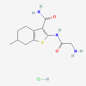molecular formula C12H18ClN3O2S B2596317 2-[(2-Aminoacetyl)amino]-6-methyl-4,5,6,7-tetrahydro-1-benzothiophene-3-carboxamide;hydrochloride CAS No. 2305251-82-3