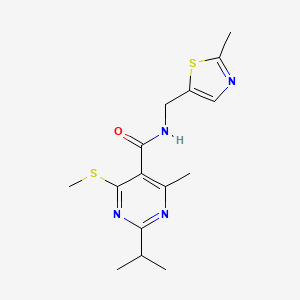 molecular formula C15H20N4OS2 B2596328 4-Methyl-6-methylsulfanyl-N-[(2-methyl-1,3-thiazol-5-yl)methyl]-2-propan-2-ylpyrimidine-5-carboxamide CAS No. 1436202-12-8