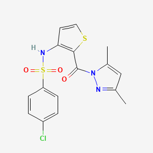 molecular formula C16H14ClN3O3S2 B2596350 4-chloro-N-{2-[(3,5-dimethyl-1H-pyrazol-1-yl)carbonyl]-3-thienyl}benzenesulfonamide CAS No. 1707372-55-1