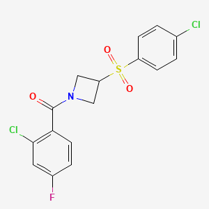 molecular formula C16H12Cl2FNO3S B2596468 (2-Chloro-4-fluorophenyl)(3-((4-chlorophenyl)sulfonyl)azetidin-1-yl)methanone CAS No. 1448122-89-1